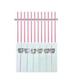 Słomki papierowe Happy Birthday 12 szt. - Różowe