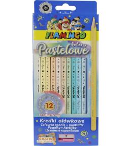 Kredki ołówkowe trójkątne pastelowe Flamingo 12 kolorów + temperówka