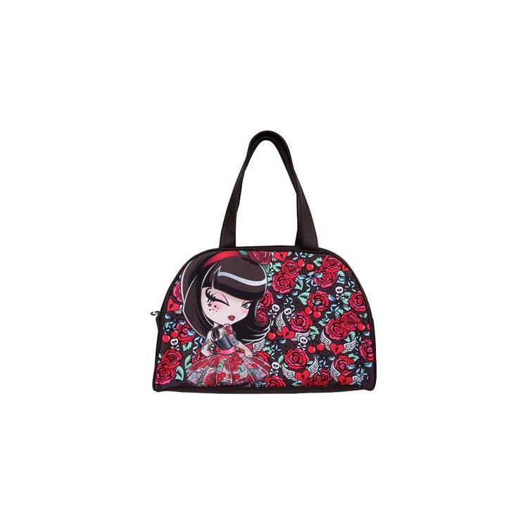 Torba na ramię Kimmidoll z motywem czerwonych róż i postaci kokeshi, czarna torebka w stylu gotyckim i japońskim