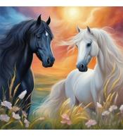 Mozaika diamentowa 40x30cm - Czarny i biały koń na łące