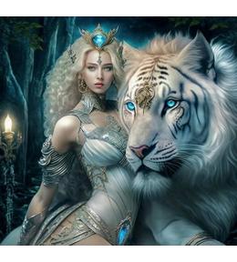 Mozaika diamentowa 40x30cm - Szafirowa królowa i biały tygrys