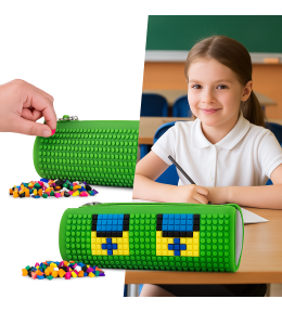 Okrągły Piórnik PIXIE CREW Szary z Zielonym Panelem + 100 Pikseli