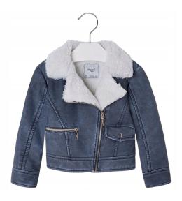 Mayoral Mini Girl 4414 – kurtka dziewczęca z eko-skóry, ocieplana misiem, niebieski jeans