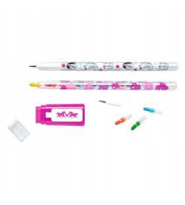 Ołówek i kolorowa kredka z wymiennymi wkładami + gumka „Konie” – zestaw 3w1